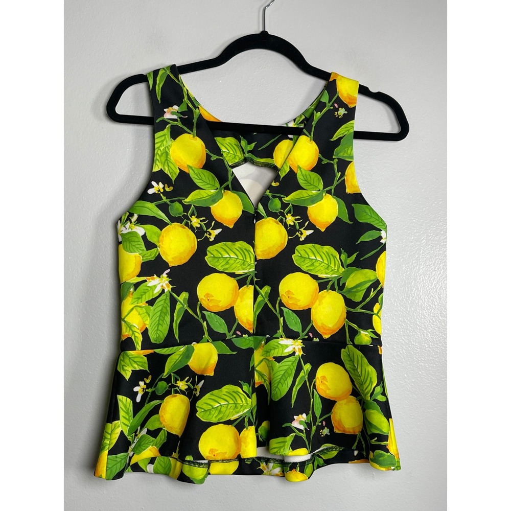 ALEXIA ARDMOR Lemon Print Peplum Top Black Yellow Small Casual Summer Spring - Picture 5 of 8